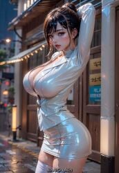 ai_generated boob_out breasts cleavage cleavage_cutout full_body haigraphics heels hi_res highres latex_clothing shiny_clothes shiny_skin side_view stable_diffusion wet_body wet_clothes