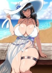 1girls 2023 beach bikini black_hair braided_hair braided_ponytail breasts closed_eyes curvaceous curvy female female_focus goddess_of_victory:_nikke hi_res high_resolution highres hips huge_breasts huge_thighs kurisutorisu mary_(bay_goddess)_(nikke) mary_(nikke) sitting solo solo_focus sunhat swimsuit swimwear thick_thighs thighs voluptuous wide_hips