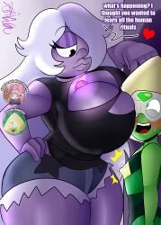 2girls amethyst_(steven_universe) bedroom big_breasts black_eyes blush erect_nipples erect_nipples_under_clothes green_body green_skin huge_breasts large_ass large_breasts long_hair multiple_girls nervous no_pupils peridot_(steven_universe) purple_body purple_skin shiny_skin shorts simple_background steven_universe teasing text thick thick_thighs tits zaicomaster14