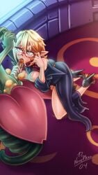 blowjob breasts cum cum_on_face disgaea femboy flora_beast_(disgaea) high_heels large_breasts monster_boy nenerhea nippon_ichi_software penis professor_(disgaea)