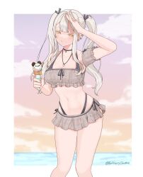 beach bikini butteryshake female female_only fully_clothed miniskirt pale_skin piercings revealing_clothes scars scars_on_arm skirt solo_female swimsuit thong_straps twintails white_hair yellow_eyes