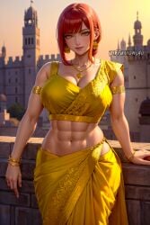 1girls ai_generated chainsaw_man curvaceous curvy_female curvy_figure diffusionlad female female_only hi_res huge_breasts indian_clothes looking_at_viewer makima_(chainsaw_man) muscular_female red_hair sari stable_diffusion voluptuous voluptuous_female