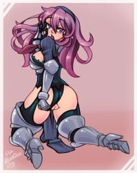 1girls armor armor_knight_(disgaea) ass behind_view demon demon_girl disgaea disgaea_d2 fellatio_gesture female female_knight high_heel_boots high_heels kneeling looking_at_viewer nenerhea nippon_ichi_software open_mouth presenting_pussy purple_hair pussy red_eyes solo solo_female thick_thighs thighs