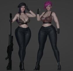 2girls 3d alternate_costume belly belly_button beret caitlyn_kiramman calves chaunguyen choker cleavage curvy fingerless_gloves fist g-string glasses gloves gun high_heels jeans large_breasts league_of_legends long_hair looking_at_viewer midriff muscular muscular_arms muscular_female nipples pink_hair purple_hair revealing_clothes rifle riot_games see-through see-through_bra see-through_clothing see-through_top short_hair slutty_outfit tattoo thick_thighs thighs tight_clothing tight_jeans tight_pants vi weapon yuri