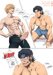 2boys abs balls bara biceps big_penis chainsaw_man comic cum cum_drip cum_dripping_from_penis denji_(chainsaw_man) dialogue english_text erection foreskin gay hi_res highres katana_man male male_focus male_only muscular nude partially_retracted_foreskin penis solo_male soynutts underwear vein veiny_penis