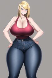 ai_generated blonde_hair blue_eyes bootylover02 curvaceous curvy curvy_figure gigantic_ass gigantic_breasts hand_on_hip high-waist_pants huge_ass huge_breasts huge_hips long_hair looking_at_viewer metroid nai_diffusion red_tank_top samus_aran seductive_smile shiny_clothes shiny_hair shiny_skin stable_diffusion tank_top thick_thighs thunder_thighs voluptuous wide_hips