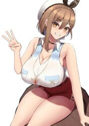 1girls atelier_(series) atelier_ryza big_breasts breasts brown_hair brunette_hair collar emp_(denjipgre) female large_breasts light-skinned_female medium_hair reisalin_stout sleeveless sleeveless_shirt smile smiling smiling_at_viewer solo solo_female thick_thighs thighs three_fingers