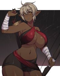 1girls 2023 2d 2d_(artwork) bandage bandaged_arms bandages big_breasts big_thighs bikini_top blush bow bow_and_arrow breasts busty cero_rains cleavage dark_elf elf elf_ears elf_female female female female_focus female_only hi_res highres hips hourglass_figure huge_breasts huge_thighs large_breasts large_thighs midriff navel original original_character quiver short_hair solo solo_female solo_focus thick_thighs thighs tied_bikini tomboy voluptuous wide_hips yellow_eyes