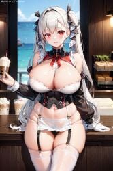 1girls ai_generated azur_lane breasts female formidable_(azur_lane) hips huge_breasts kotori_tenyaya light-skinned_female light_skin long_hair ondoors red_eyes stable_diffusion thick_thighs thighs twintails white_hair wide_hips