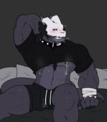 1boy bara bottomwear buff bulge bulge_through_clothing chest_hair clothed clothing collar gay hair horn_ring lactating lactation male male_lactation male_only muscular muscular_male on_bed shirt_lift shirt_lifted shirt_up solo solo_focus solo_male tail topwear zaflep