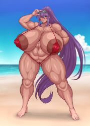 anzu_(docbats) areola_slip areolae_visible_through_clothing barefoot barely_clothed barely_visible_pussy beach blue_eyes feet full_body gigantic_breasts huge_areolae huge_breasts long_hair long_ponytail muscle muscles muscular_female ponkotsuu purple_hair red_bikini sand shiny_hair shiny_skin sling_bikini slingshot_swimsuit standing sunglasses sunglasses_on_head thick_thighs thighs venus_body water