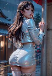 ai_generated breasts bubble_butt cleavage cleavage_cutout curvaceous curvy_body curvy_female curvy_figure full_body haigraphics heels hi_res highres latex_clothing shiny_clothes shiny_skin stable_diffusion stockings wet_body wet_clothes white_stockings