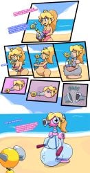 1girls 1other beach chabble comic dialogue english_text expansion expansion_sequence female fludd mario_(series) nozzle outdoors princess_peach robot super_mario_sunshine text transformation transparent_background water