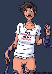 1girls asymmetrical_hair bottomless krispy_(character) large_breasts novelty_clothing sagging_breasts shaved_pussy short_hair skinny smutastrophe t-shirt_only tentacle