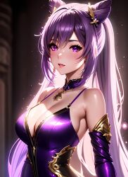 1girls ai_generated blush breasts female genshin_impact glowing keqing_(genshin_impact) long_hair looking_at_viewer necklace open_mouth portrait purple_dress purple_eyes purple_hair purple_sleeves solo standing