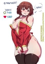 1female 1girls big_ass big_butt bokuman brown_hair brown_stockings female kono_subarashii_sekai_ni_shukufuku_wo! megumin microshirt minishirt no_bra red_eyes shirt short_hair small_boobs small_breasts small_shirt stockings stoking strip_game strip_meme thick thick_ass thick_butt thick_hips thick_legs thick_thighs tiny_shirt