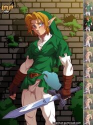 biceps bulge bulging_biceps disembodied_hand embarrassed embarrassed_male hand impchan link link_(ocarina_of_time) male male_only muscles muscular muscular_male ocarina_of_time outdoors outside pecs pointy_ears shirt_lift shy shy_male standing sword the_legend_of_zelda thick_thighs