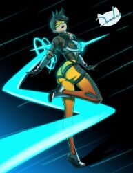 ass black_gloves bodysuit bomber_jacket chest_harness dazol ear_clip female highleg narrow_waist orange_goggles overwatch short_hair simple_background tagme tracer