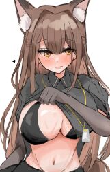 1girls 2023 animal_ear_fluff animal_ears arknights belly big_breasts blush bra brown_hair brown_hair fox_ears fox_girl franka_(arknights) gloves heart hi_res kemonomimi long_hair looking_at_viewer name_tag open_mouth shirt_lift simple_background smile solo sunaneko_oekaki yellow_eyes