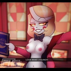 blonde_hair book casual charlie_morningstar_(hazbin_hotel) clothing female female_only fkimnsfw grimoire hazbin_hotel humanoid looking_at_viewer moments_before_disaster neckwear outerwear pale_skin tagme text the_50k_incident tuxedo vivienne_medrano vivziepop