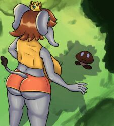 1girls 1other 2023 anthro anthrofied ass breasts clothing crown dominant_anthro elephant elephant_daisy elephant_tail elephant_trunk female female_focus giantess goomba grass_field height_difference huge_ass huge_breasts mario_(series) moonlitesau nintendo outdoors princess_daisy standing super_mario_bros._wonder suprised_look tall_female