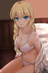 blonde_hair blue_eyes everlasting_summer looking_at_viewer sitting_on_bed slavya-chan slavya_(everlasting_summer) white_underwear