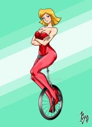 clover_(totally_spies) high_heels highleg_leotard kyo-domesticfucker large_ass large_breasts leotard pantyhose smile thick_thighs totally_spies unicycle wide_hips