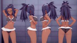 1girls 3d back_to_viewer bikini dark-skinned_female dark_skin facing_viewer game_freak miniskirt navel nintendo pokemon pokemon_sv ponytail raifort_(pokemon) side_view standing urukbal