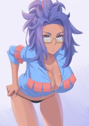 bent_over game_freak glasses nintendo pokemon pokemon_sv purple_hair raifort_(pokemon) urukbal