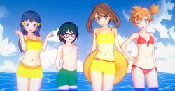 1boy 3girls bare_arms bare_legs bare_midriff bare_shoulders bare_thighs belly_button bikini bikini_bottom bikini_top blue_eyes blush blushing_at_viewer brown_hair dawn_(pokemon) female ginger_hair glasses gray_eyes green_hair green_trunks hairclip kasumi_(pokemon) long_hair male masato_(pokemon) max_(pokemon) may_(pokemon) midriff multiple_girls navel pokemon pokemon_dppt pokemon_rgby pokemon_rse red_bikini red_bikini_bottom red_bikini_top sea short_hair side_ponytail swimming_trunks trunk trunks wink winking winking_at_viewer yellow_bikini yellow_bikini_bottom yellow_bikini_top