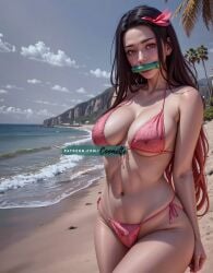 1girls aged_up ai_generated bamboo_gag beach bikini breasts brown_hair coomette demon_slayer female gag huge_breasts kamado_nezuko kimetsu_no_yaiba long_hair looking_at_viewer outdoors purple_eyes realistic stable_diffusion thick_thighs