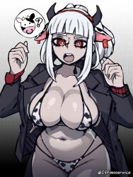 big_breasts big_muscles bikini cow_ears cow_horns cow_print csfanservice helltaker lucifer_(helltaker) skimpy thick_thighs wide_hips