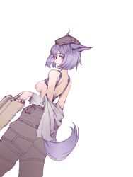 2023 animal_ears arknights bare_back bare_shoulders dur-nar_(arknights) fox_ears fox_girl fox_tail hat hi_res light-skinned_female light_skin looking_back nipples purple_eyes purple_hair short_hair simple_background topless tuoyezengzhi