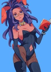 1girls blue_background book bunny_ears bunnysuit cleavage dark-skinned_female dark_skin female female_focus female_only pokemon pokemon_sv posing posing_for_the_viewer purple_eyes purple_hair raifort_(pokemon) simple_background solo solo_female solo_focus teacher urukbal