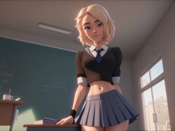 1girls 3d ai_generated blonde_hair blue_eyes breasts clothing female female_only gwen_stacy k-re light-skinned_female light_skin marvel marvel_comics midriff nai_diffusion school_uniform schoolgirl short_hair skirt smile spider-man:_into_the_spider-verse spider-man_(series) stable_diffusion tummy