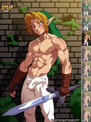 abs biceps big_bulge bulge bulging_biceps embarrassed embarrassed_male erection_under_clothing hero_of_time huge_bulge impchan link link_(ocarina_of_time) male male_only muscles muscular muscular_male ocarina_of_time outdoors outside pecs pointy_ears shirtless_male smooth_chest smooth_skin standing sword the_legend_of_zelda thick_thighs