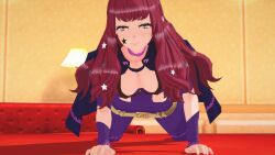 >:) 1girls 3d all_fours bangs breasts cape choker cleavage corruptionhentai facial_tattoo female female_only fire_emblem fire_emblem_engage hair_ornament half-closed_eyes indoors kneeling large_breasts long_hair looking_at_viewer naughty_face nintendo orange_eyes red_hair smile solo star star_(symbol) tattoo yunaka_(fire_emblem)