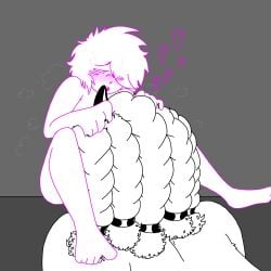 blush furry heart horn humanoid oral_sex pink_mage pink_skin rasta_beast_(everhood) size_difference spread_legs unknown_gender white_fur white_hair