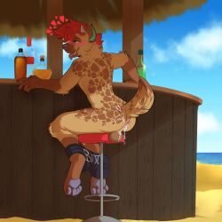 alcohol anthro anus balls beach beach_bar beverage blush bodily_fluids bottomwear bottomwear_down breath brown_body brown_fur brown_muzzle chair clothed clothing cum edwino22 fur furniture genital_fluids genitals hair hi_res horn hyena leaking_anus leaking_cum male mammal on_chair panting pants pants_down partially_clothed pawpads public public_exposure public_nudity purple_pawpads red_hair seaside sitting sitting_on_chair small_horn solo spots spotted_body spotted_fur spotted_hyena tongue tongue_out