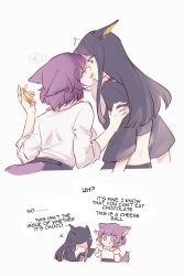 2023 2girls arknights black_hair comic_page dobermann_(arknights) dur-nar_(arknights) embarrassed english_text fox_ears fox_girl hi_res kaleka kissing light-skinned_female light_skin long_hair purple_eyes purple_hair short_hair simple_background text yuri