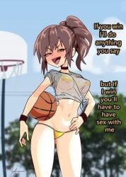 1girls 2023 artist_signature basketball bikini_bottom blush brown_hair choker english_text female female_only midriff myahogao original original_character outdoors outside pasties ponytail public see-through_top smug solo sporty text wristband