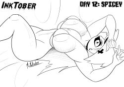 1girls big_breasts bikini breasts busty demon demon_girl eyepatch female female_only hair_over_one_eye hazbin_hotel inktober large_breasts looking_at_viewer lying lying_on_back mrmelted solo thick_thighs vaggie_(hazbin_hotel) wide_hips