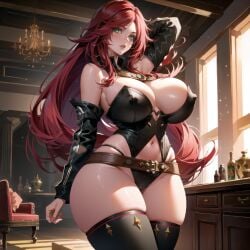 ai_generated belly_button belt big_breasts cixf covered_nipples huge_breasts katarina_du_couteau league_of_legends one_arm_up riot_games self_upload thick_thighs thighhighs