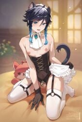 1boy absurd_res animal_ears black_hair blue_eyes blue_hair braid cat_ears cat_tail chastity chastity_cage frogzone frogzone_art garter_straps genshin_impact male male_focus male_only skirt skirt_lift solo solo_focus solo_male tail testicles thighhighs twin_braids two_tone_hair venti_(genshin_impact)