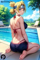 ai_generated ass back barefoot bikini blonde_hair blue_eyes blue_sky blush breasts closed_mouth day feet female forehead_protector from_behind headband jordan53 looking_at_viewer looking_back naruto naruto_(series) outdoors pikkiwynn pool poolside shorts sitting sky smile soles solo swimsuit temari toes tree twitter_logo wariza water