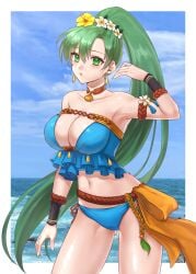 1girls alternate_costume beach bikini blue_bikini blue_sky blue_swimsuit border bracelet breasts choker cleavage cloud collarbone commentary_request ear_piercing earrings female female_only fire_emblem fire_emblem:_the_blazing_blade fire_emblem_heroes flower flower_in_hair green_eyes green_hair hair_between_eyes hazuki_(nyorosuke) head_wreath highres jewelry large_breasts long_hair looking_at_viewer lyn_(fire_emblem) lyn_(summer)_(fire_emblem) navel nintendo ocean official_alternate_costume outdoors outside_border ponytail revealing_clothes sky solo stomach swimsuit very_long_hair water white_border