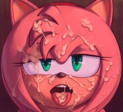 1girls amy_rose anthro aoncyth cum cum_in_mouth cum_on_face female furry green_eyes pink_fur sega sonic_(series)