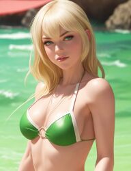 1girls ai_generated beach bikini blonde_hair bra female female_only gwen_stacy_(classic) hidden_hands_because_ai human human_only light-skinned_female light_skin looking_at_viewer marvel panties pov slim_waist solo solo_female spider-man_(series)