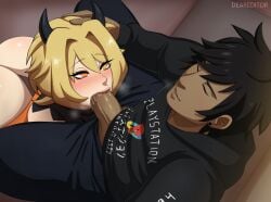 big_penis black_hair blonde_hair blush clothing commission dark-skinned_male deareditor fellatio female head_grab horns male medium_hair oc oral original original_character saliva sex yellow_eyes