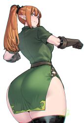 1girls ass ass_focus belt big_ass big_breasts big_butt black_thighhighs blush breasts butt curvy dress elbow_gloves elf elf_ear elf_ears elf_female elf_girl embarrassed eyebrows_visible_through_hair facing_away fantasy female female_humanoid ginger ginger_hair gloves green_clothing green_dress green_eye green_eyes green_eyes_female hair_between_eyes highres hourglass hourglass_figure huge_ass huge_breast huge_butt humanoid humanoid_hands humanoid_pointy_ears large_ass large_breasts large_butt light-skinned_female light_skin long_ears long_hair long_hair_female looking_at_viewer looking_back looking_back_at_viewer massive_ass massive_breasts massive_butt no_humans non-human oc orange_hair original original_character pointy_chin pointy_ears ponytail ponytail_(hair) ponytail_female ponytails side_slit signature simple_background solo spacezin thick_ass thick_thighs thighhighs thighs white_background wide_hips woman wood_elf